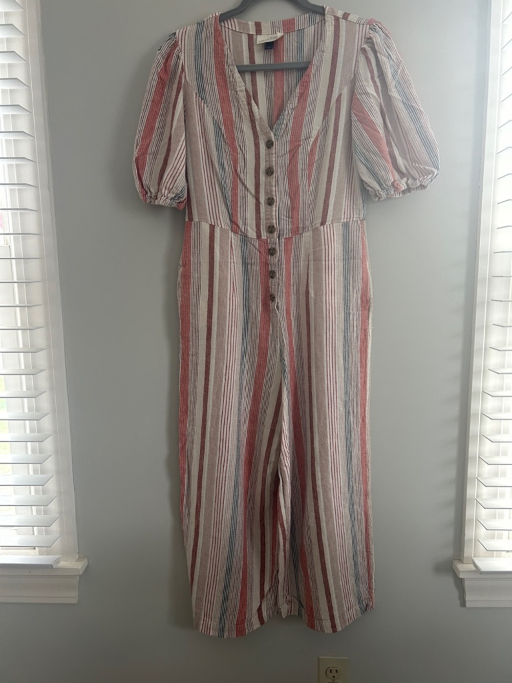 Universal Thread Striped Button-Front Jumpsuit in Red, Cream & Blue